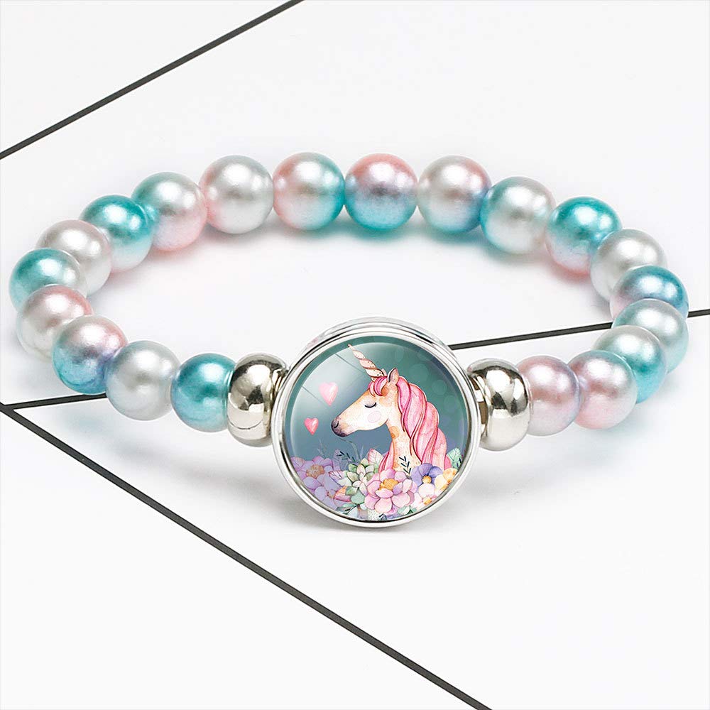 El Regalo 2 PCS Unicorn Bracelets for Girls, Rainbow Beads Bracelet Snap Holder Buttons Beaded Bubble Bracelet Pack for Kids Girls (Option-1)