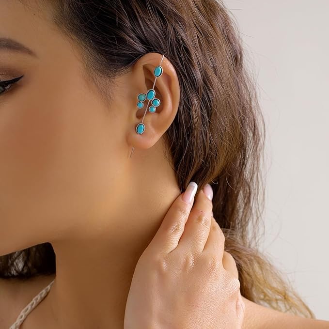 El Regalo 2PCs Turquoise Ear Wrap Crawler Hook Stud Earrings for Women Girls- Long Bar Piercing Ear Cuffs Boho/Bohemian Statement Earrings (Style-1)