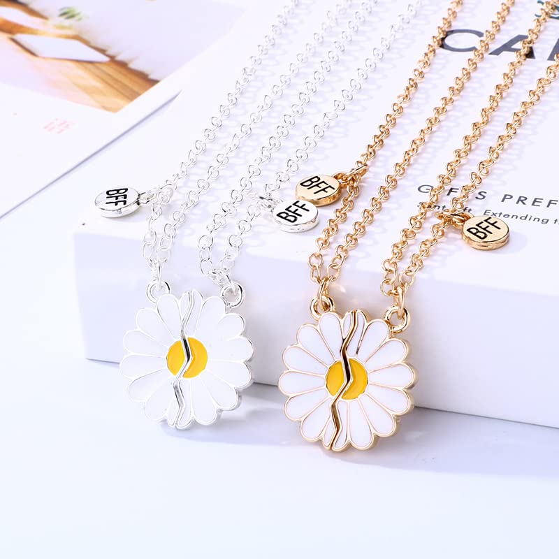 El Regalo 2 Pcs Bff Best Friend Forever Split Magnetic Matching Pendant Necklaces Set- Heart, Flower, Swan Etc Pendant Friendship Necklaces For Girls (Bf Flower Gold)