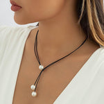 El Regalo Boho Double Layers Leather Pearl Suede Y Drop Adjustable Necklace for Girls & Women- Contemporary Black Leather Wrap Choker Necklace- Gothic Tie Up Necklace