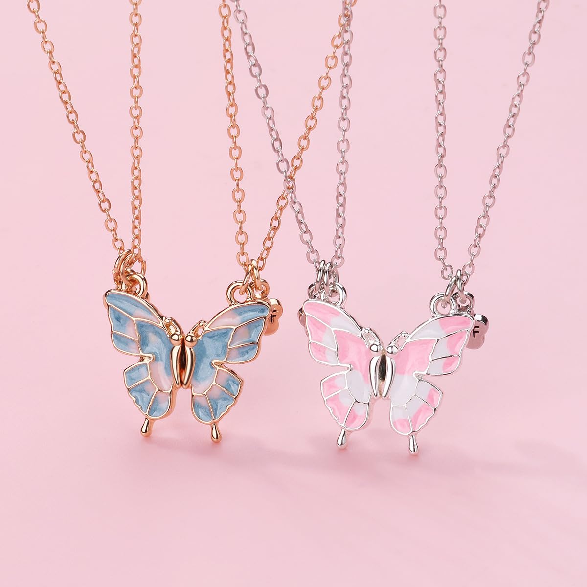 El Regalo 2 PCs BFF Best Friend Forever Butterfly Split Magnetic Matching Pendant Necklaces Set- Friendship Day Gift for Girls/Kids/Teens (Blue Butterflies Golden)
