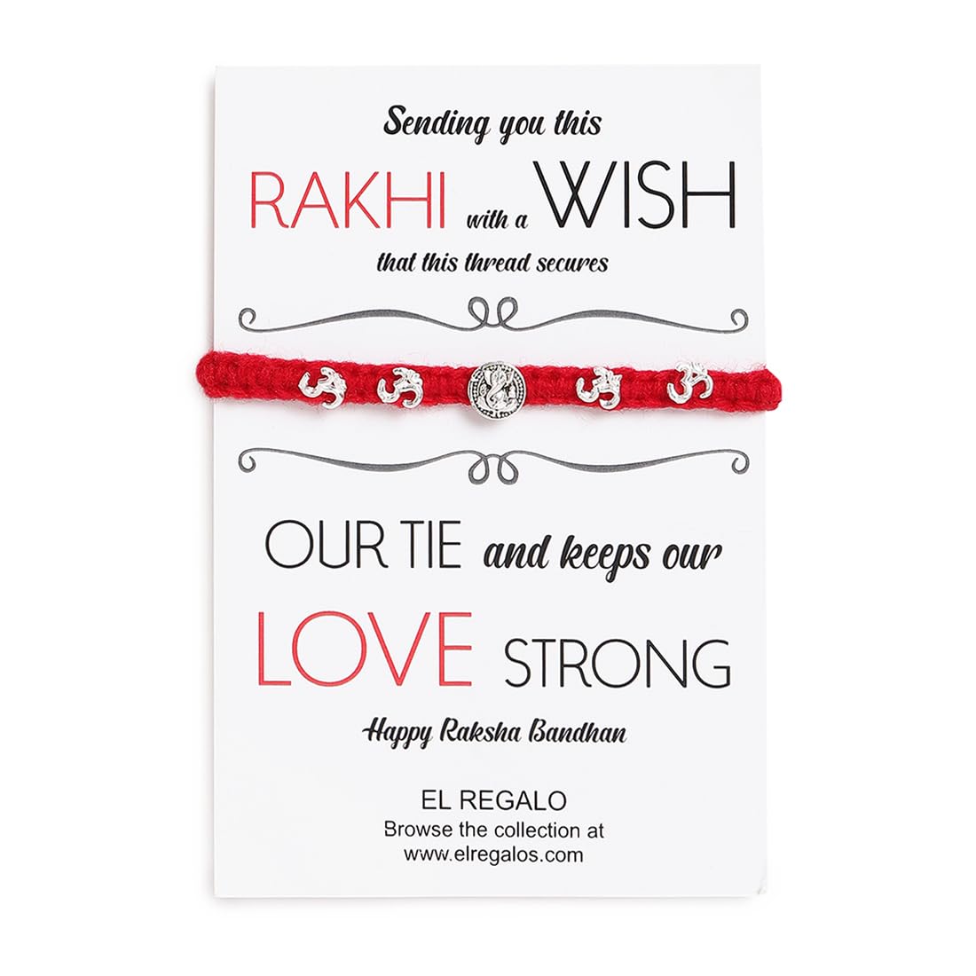 El Regalo Boy's Om Ganesha Swastik Red Moli Thread Rakhi For Brother/Bhai/Bhaiya- Auspicious Om/Aum, Ganesha, Satiya Mauli Rakhi With Roli Chawal Shagun, Message Card In Rakhi Gift Box