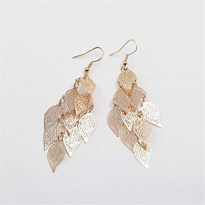 El Regalo 1 Pair Pretty Leaves Bunch Chandelier Earrings for Girls & Women- Boho Lightweight Hollow Filigree Leaves Drop Earrings (Golden)