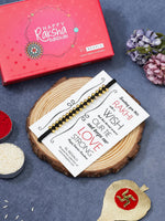 El Regalo Unisex Adult 2PCs Simple, Minimalist Beaded Bracelet Rakhi for Brothers/Bhai- Bhabhi with Roli-Chawal, Rakhi Card in Rakhi Gift Box (Red & Black Golden)