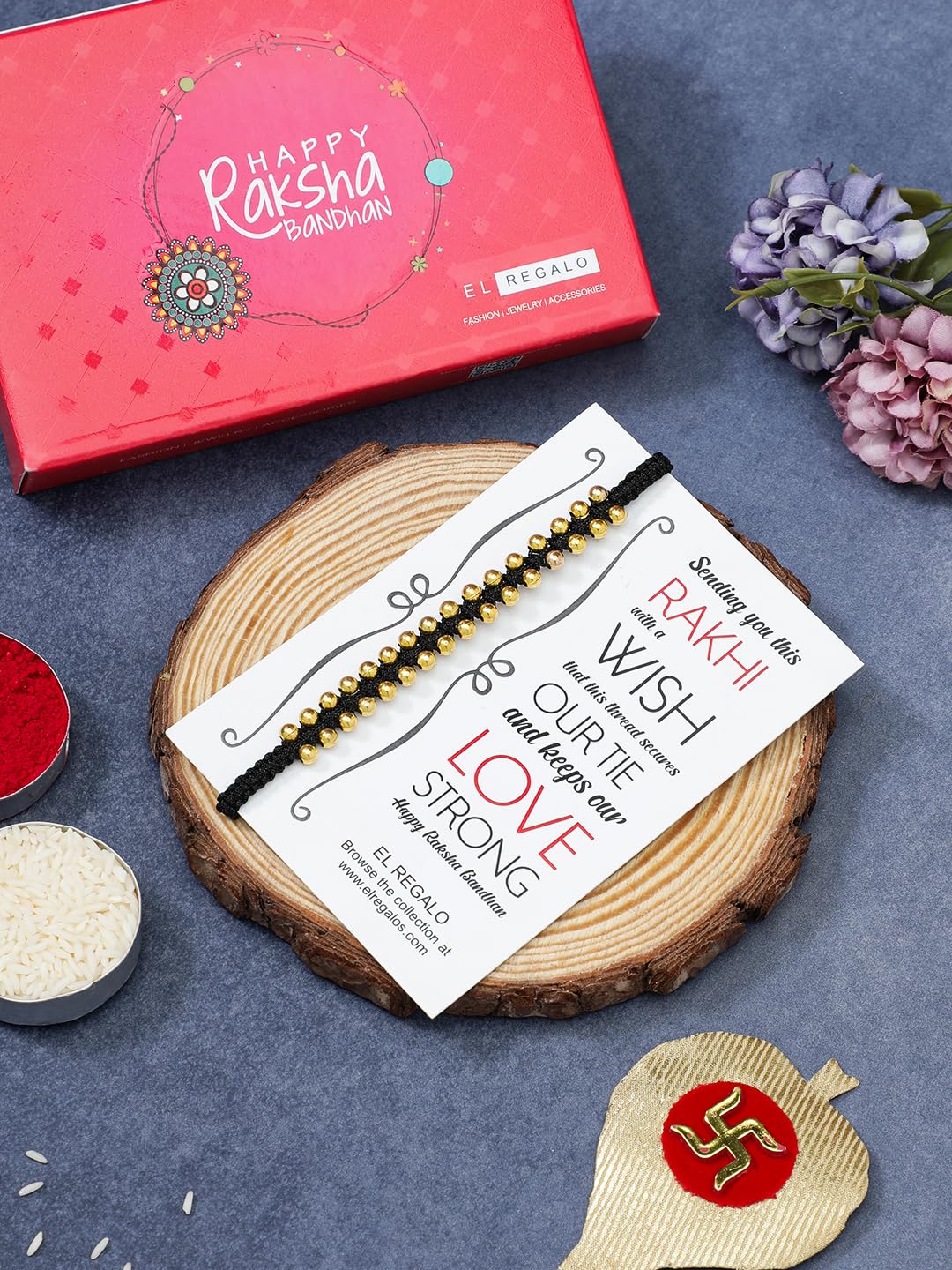 El Regalo Unisex Adult 2PCs Simple, Minimalist Beaded Bracelet Rakhi for Brothers/Bhai- Bhabhi with Roli-Chawal, Rakhi Card in Rakhi Gift Box (Red & Black Golden)