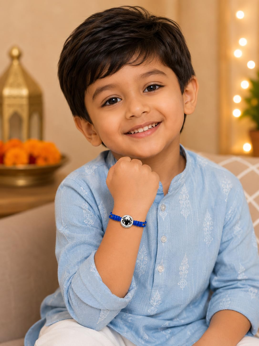 El Regalo 1PC Cute Kids Rakhis - Fancy Cartoon & Superhero Rakhi for Brother or Sister - Spiderman, Batman, Kitty - With Roli Chawal in Rakhi Box (Blue Spider)