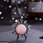 El Regalo Vintage Style Natural Stones Gothic Sun Pendant Unisex Necklace (Rose Quartz- Pink)