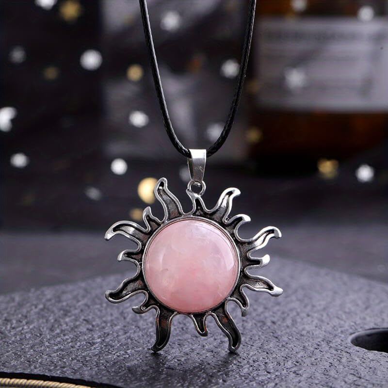 El Regalo Vintage Style Natural Stones Gothic Sun Pendant Unisex Necklace (Rose Quartz- Pink)