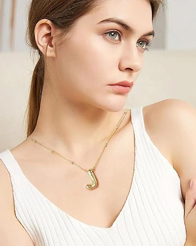 El Regalo Stainless Steel Bubble Letter- Balloon Initial Necklaces for Women Girls/Dainty Alphabet Pendant 14K Gold Plated Puffy Name Personalized Jewelry Gift (J Gold)