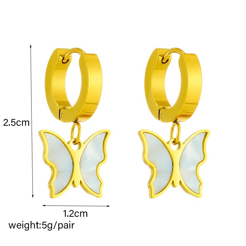 El Regalo Stainless Steel Dangle Butterfly Earrings for Women/Girls- Ati Tarnish- NO RUST Butterfly Drop Hoop Earrings (White)