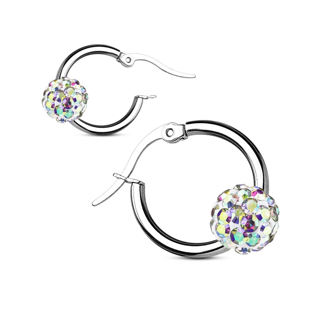 El Regalo Stainless Steel Hoop Earrings with Crystal Balls- Colored Crystal Ball 316L Surgical Steel Hoop Earrings- Crystal Baali for Girls & Women (White)