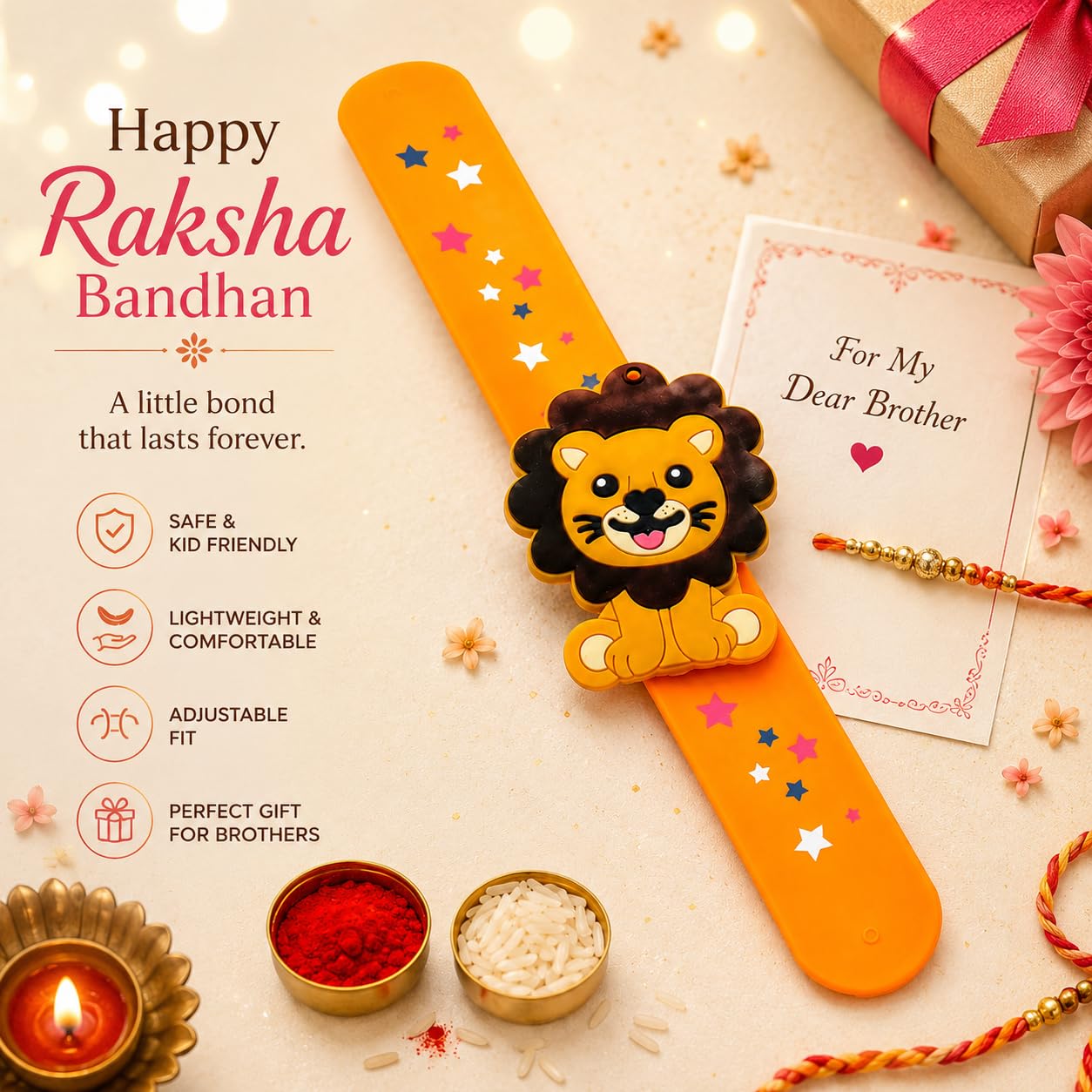 El Regalo Cute Slap Band Bracelet Rakhi for Kids Boys & Little Brother | Fun Quirky Silicone Slap Wristband Rakhi for Toddlers & Children with Roli Chawal Pack and Gift Box (Tiger)