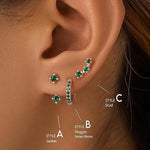 El Regalo 3 Pairs CZ Earrings Set - 14K Gold Plated Dainty Stud & Huggie Small Hoops for Women | Cartilage Earrings for Multiple Piercing | Trendy Stacking Jewellery (Green)