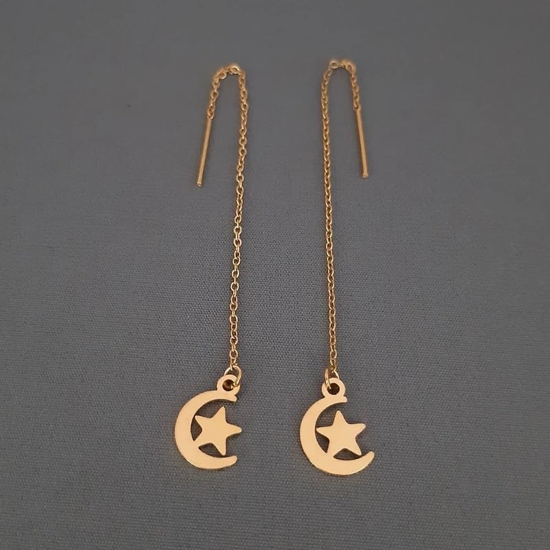 El Regalo Cute & Tiny Moon Stars Needle Threader Earrings for Girls & Women- Tassel Long Chain Threader Earring Set for Women Teen Girls