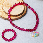 El Regalo 2 PCs Resin Shell Pendant Colorful Sparkly Crackle Beads Pendant Necklace & Bracelet Set for Kids/Girls- Christmas/Birthday Gift for Girls Kids (Magenta)