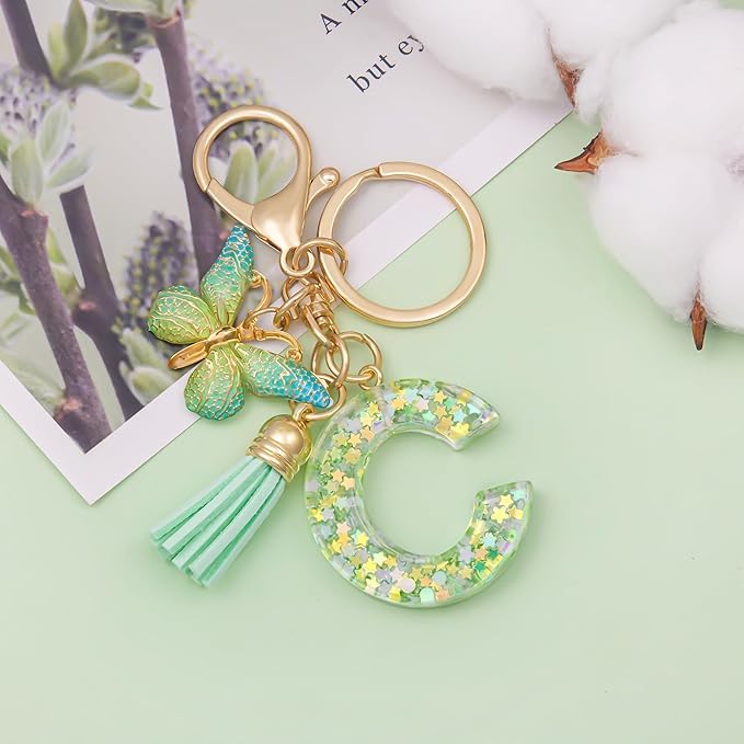 El Regalo Personalized Name Initials Butterfly Charm Keychain - Name Letters Keyring with Green Butterfly & Stars Filled Resin & Tassel Pendant, Purse, Bag, Backpack Accessory (Letter C)