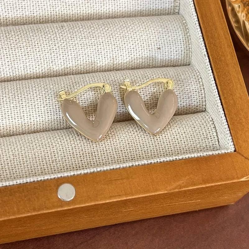 El Regalo 1Pair Love Heart Hoop Earrings- Small Oil Dripping Gold Plated Heart Earrings for Girls & Women Hoop (Light Brown)