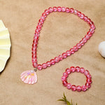El Regalo 2 PCs Resin Shell Pendant Colorful Sparkly Crackle Beads Pendant Necklace & Bracelet Set for Kids/Girls- Christmas/Birthday Gift for Girls Kids (Pink)