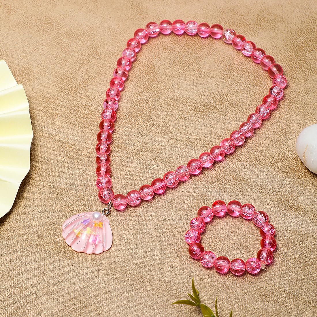 El Regalo 2 PCs Resin Shell Pendant Colorful Sparkly Crackle Beads Pendant Necklace & Bracelet Set for Kids/Girls- Christmas/Birthday Gift for Girls Kids (Pink)