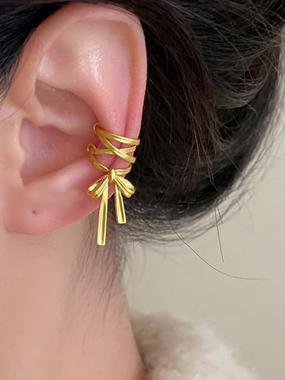 El Regalo Fashionable & Elegant Matt Finish Ear Cuffs for Non Piercing Earrings- Ballet Hollow Cross Ribbon Ear Clips for Girls, Trendy Versatile Clip On Cuff Earrings for Girls & Women (Gold Matte)
