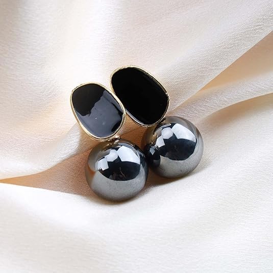 El Regalo 1 Pair Glossy Pearl Stud Earrings for Girls & Women- Pearl Statement Earrings (Black)