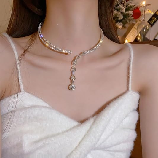 El Regalo Rhinestone Front Open Choker Necklace for Women & Girls - Double Circle Fashion Choker with Long Tassel - Luxury Adjustable AD Statement Necklace for Parties & Events