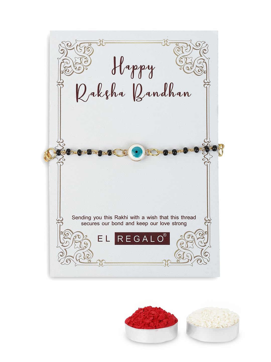 El Regalo Cute Evil Eye Nazaria Bracelet Rakhi for Babies/Kids with Roli Chawal, Rakhi Message card in Rakhi Gift Box- Baby Nazaria Rakhi (White Evil Eye Nazaria Rakhi)