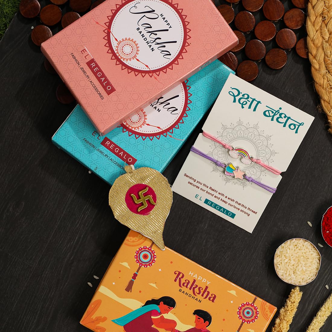 El Regalo 2PCs Cute Kids Bracelet Rakhi Combo Sets- Fancy Kids Rakhi for Brother/Sister with Roli Chwal, Rakhi Message Card in Rakhi Box for Babies/Toddlers/Kids (Rainbow & Star Rakhi)