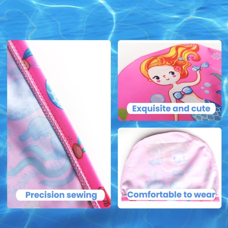 El Regalo 2 PCs Swim Cap Kids/Toddlers, Comfortable Breathable Polyester Fabric Swimming Caps Cute Cartoon Dolphin, Shark, Owl, Mermaid Fairy, Unicorn, Giraffe Swim Caps (Mermaid & Blue Owl)