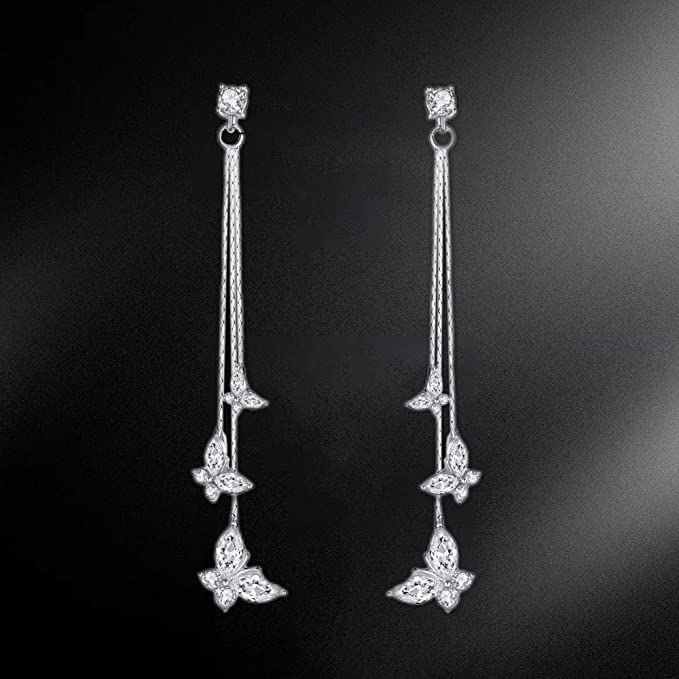 El Regalo Crystal Butterfly Drop Dangle Tassel Earrings for Women & Girls- Long Tassel Butterfly Earrings (White Butterfly Earrings)