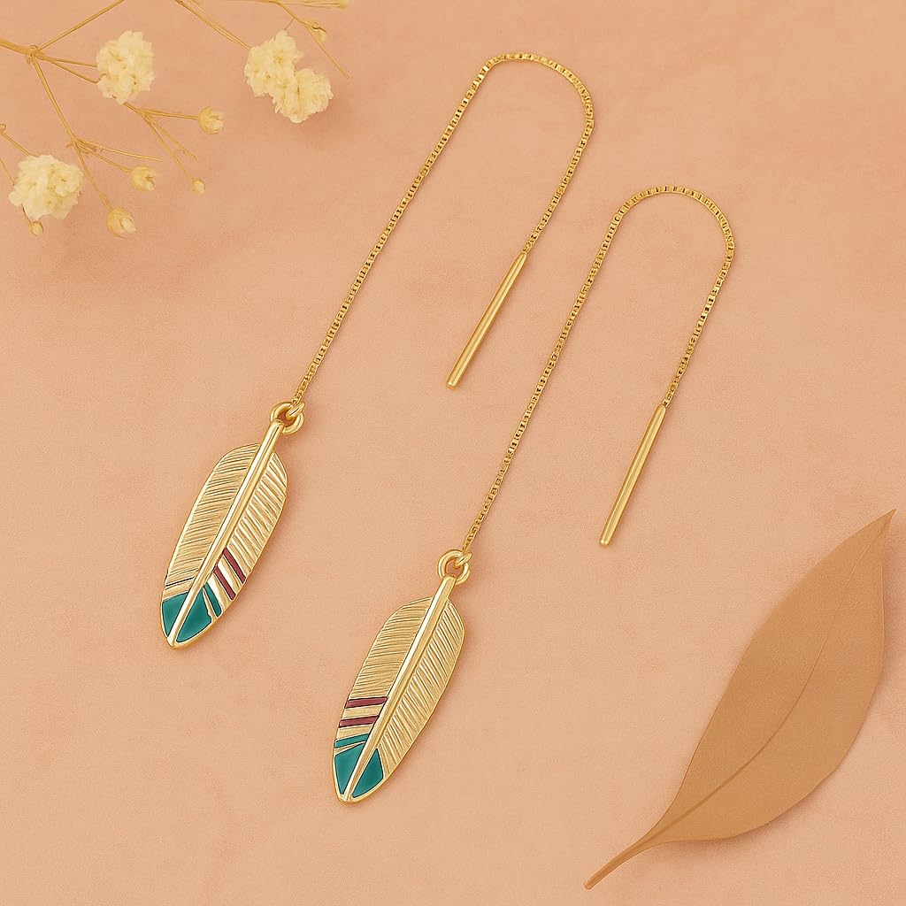 El Regalo Elegant Gold Feather Threader Earrings for Women & Girls | Contemporary Long Leaves Dangle Earrings