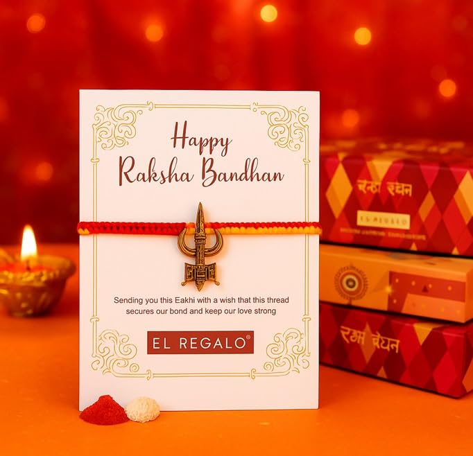 El Regalo 1PC Traditional Rakhi for Brother with Roli Chawal & Message Card | Designer Rakshabandhan Thread with OM, Shree Ram, Ganesha, Krishna Charms | Rakhi Gift Box Included (Trident)