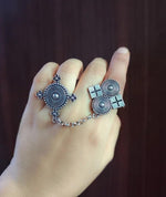 El Regalo Unique Oxidized Brass Floral Finger Rings with Chain- Silver Lookalike Oxidized Chain Dual Finger Adjustable Designer Rings (Style-2)