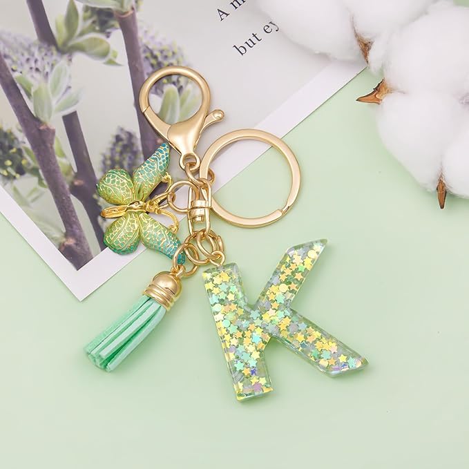 El Regalo Personalized Name Initials Butterfly Charm Keychain - Name Letters Keyring with Green Butterfly & Stars Filled Resin & Tassel Pendant, Purse, Bag, Backpack Accessory (Letter K)