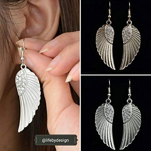 El Regalo Shimmering Feather/Angel Wings Earrings with Stones for Girls & Women (Silver)