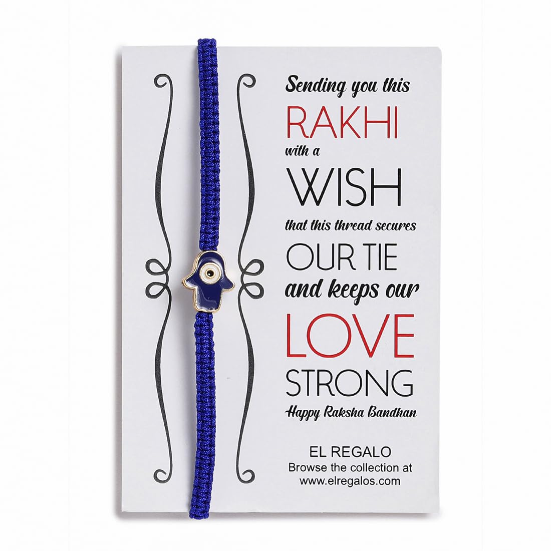 El Regalo 1 PC Hamsa Hand Evil Eye Nazaria Rakhi for Brother- Fancy Evil Eye Rakhi Gift Box with 1 PC Rakhi, Shagun Pack & Rakhi Message Card in Rakhi Gift Box (Blue Hamsa Rakhi)