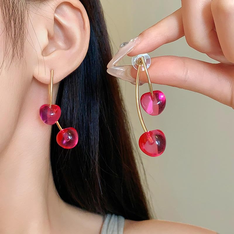 El Regalo Cute Double Cherry Front Back Jacket Earrings for Girls & Women | Glossy Fruit Design Gold-Tone Earrings | Fashion Statement Dangle Earrings for Party & Casual Wear (Translucent Candy Pink)