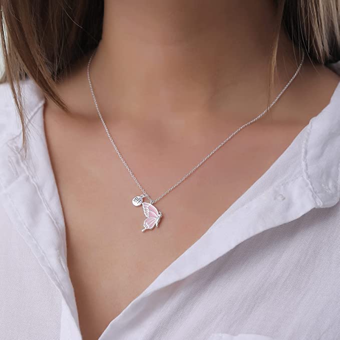 El Regalo Cute BFF Necklaces for 2, Enamel Butterfly Friendship Necklace for Teen Girls Women - Gift for Best Friends/Besties/Sisters (Silver)