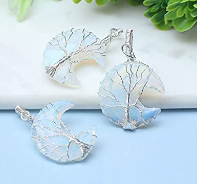 El Regalo Tree of Life Wire Wrapped Crescent Moon Natural Stones Healing Crystal Chakra Pendant Necklace - Unique Handcrafted Gemstones Pendant Necklaces (Opalite) For Unisex Adult