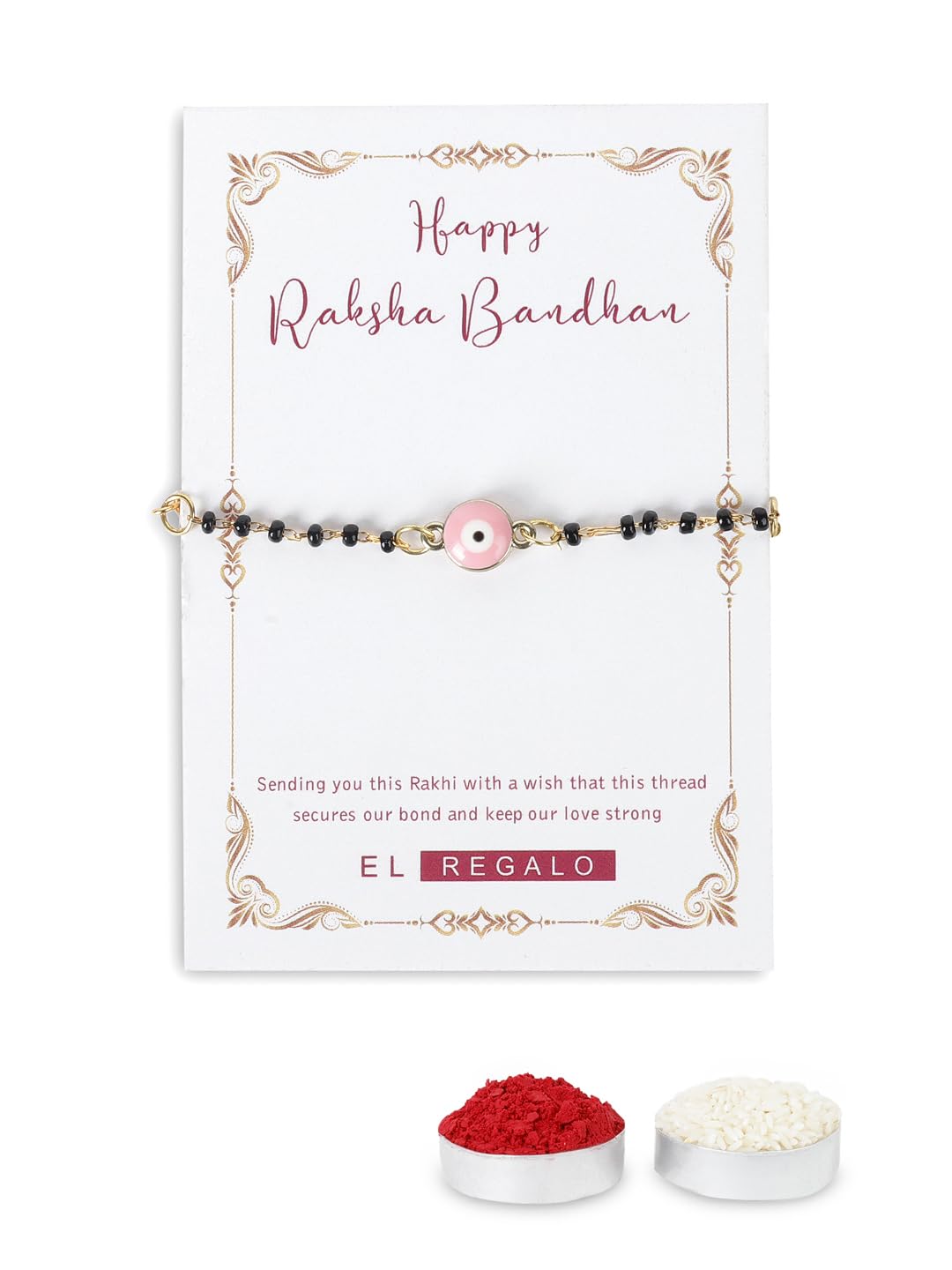 El Regalo Cute Evil Eye Nazaria Bracelet Rakhi for Babies/Kids with Roli Chawal, Rakhi Message card in Rakhi Gift Box- Baby Nazaria Rakhi (Pink Evil Eye Nazaria Rakhi)