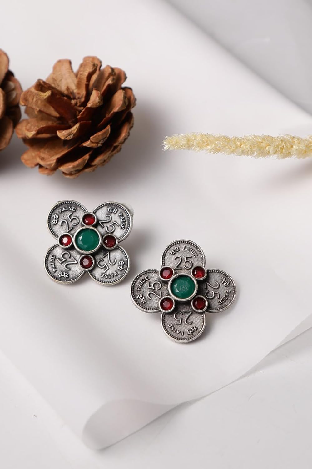 El Regalo Silver Lookalike 25 Paisa Vintage Earrings- Brass Oxidised Antique Boho Coinage Stud Earrings for Women & Girls- Antique 25 Paisa Coin Studs
