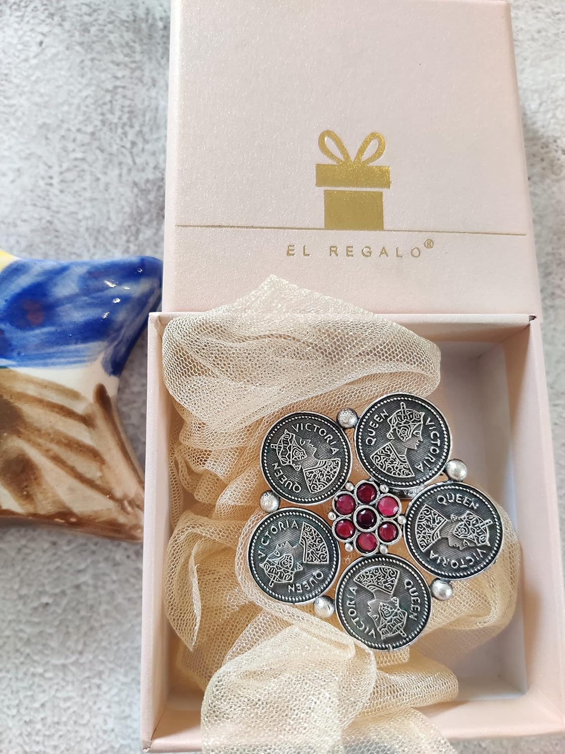 El Regalo Big Coin Flower Oxidized Finger Ring- Designer Victorian Cocktail Coins Adjustable Finger Ring for Girls & Women (Red)