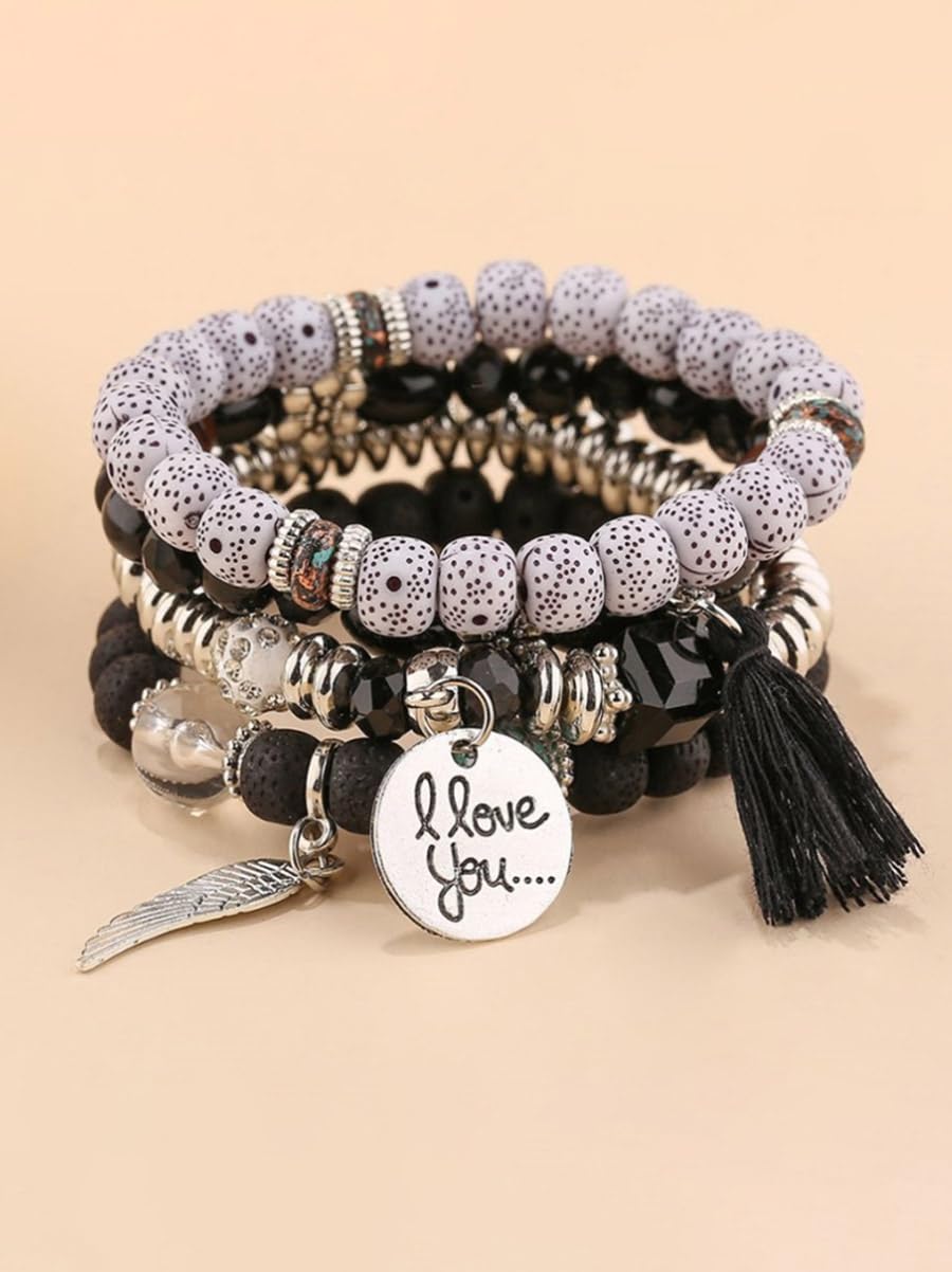 El Regalo 4Pcs/Set Vintage Bohemia Style Wing Beads Tassel Unisex Bracelet - Stackable Multi-layer Modern Charm Bracelets with Wings and I Love You Charms Bracelets (Black)