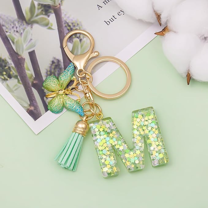El Regalo Personalized Name Initials Butterfly Charm Keychain - Name Letters Keyring with Green Butterfly & Stars Filled Resin & Tassel Pendant, Purse, Bag, Backpack Accessory (Letter M)