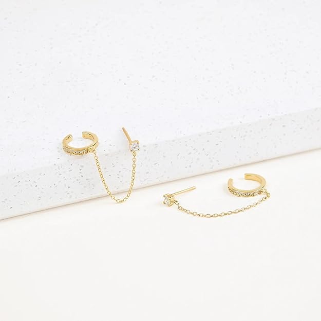 El Regalo Classy CZ Stud Chain Climber Crawler Cuff Earrings for Women, Fancy Minimalist Dainty Ear Cuffs with Link Chain, Non-Pierced Cartilage Helix Wrap Jewelry Gift (Gold)