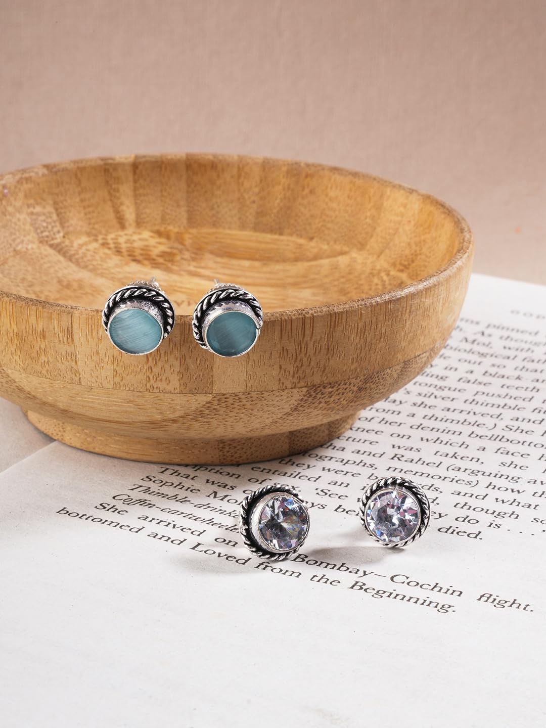 El Regalo 5 Pairs Oxidized German Silver Small Monalisa Stones Stud Earrings Combo Set in Antique Silver Finish for Women/Girls- Timeless Elegance for Casual and Formal Wear (Multi Option-2)