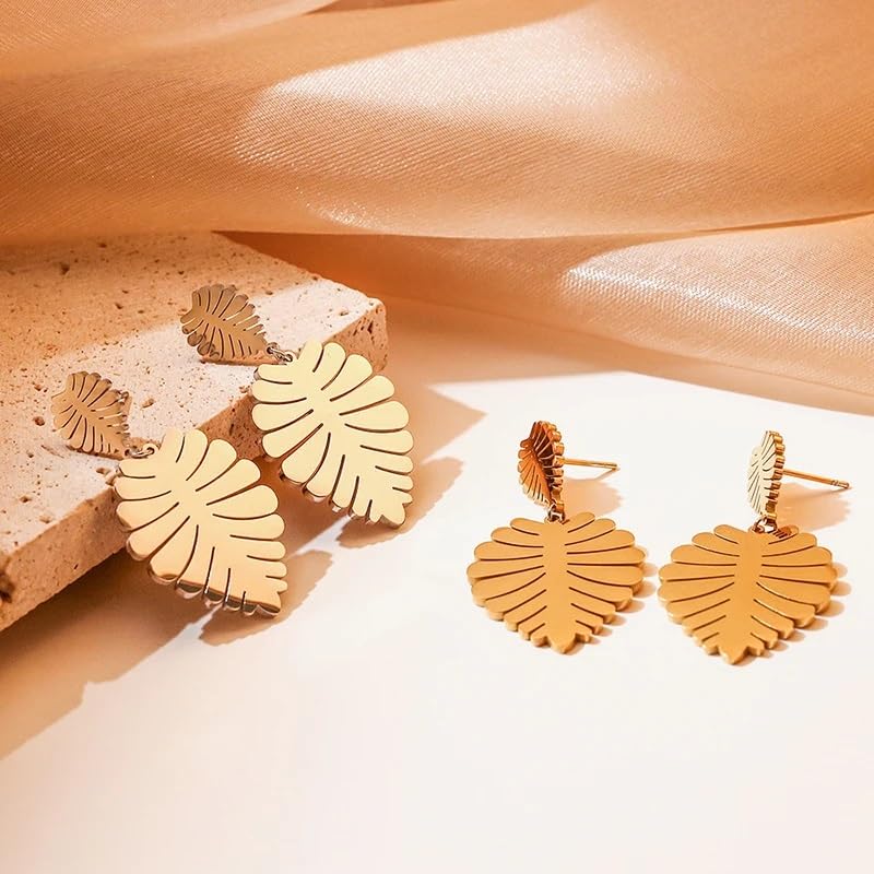 El Regalo Women's & Girl's Big & Bold Stainless Steel Hollow Cut Leaves Stud Earrings- Western Tropical Monstera Leaves Earrings