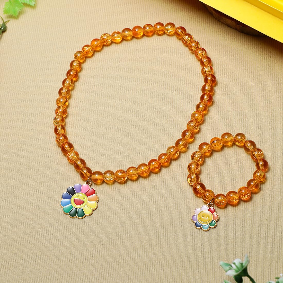 El Regalo 2 PCs Shiny Crackled Beads Kids Girls Necklace & Bracelet Jewelry Sets - Cute Kids Charms Jewelry with Sparkly Beads for Kids/Toddlers Girls (Smily Flower Jewelry Set)