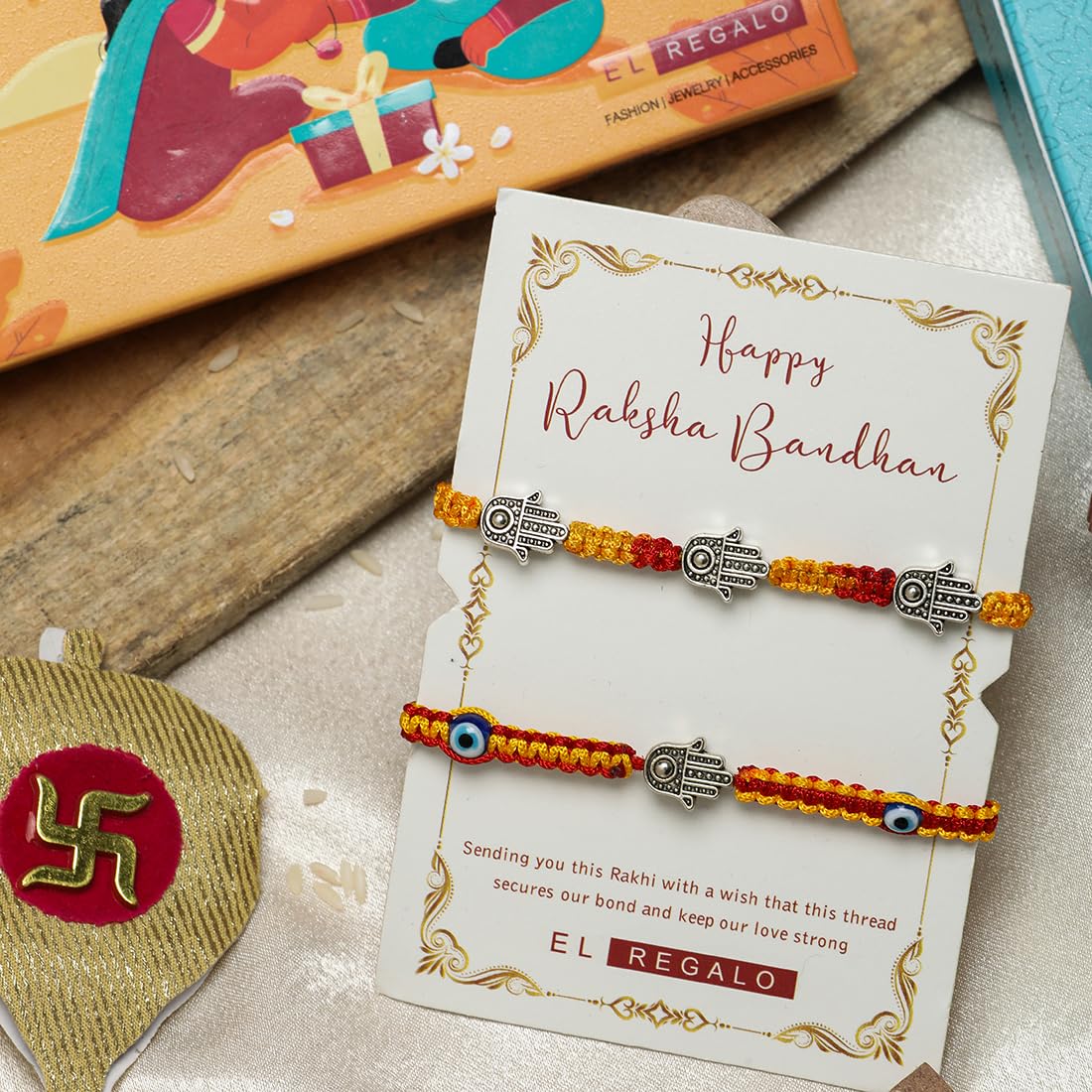 El Regalo 2 Hamsa Hand Evil Eye OM Rakhi Combo - Rakshabandhan Moli Charms Rakhi with Message Card & Roli Chawal Shagun in Rakhi Box for Bhaiya/Babhi/Bhatija/Bhatiji (Option-1)