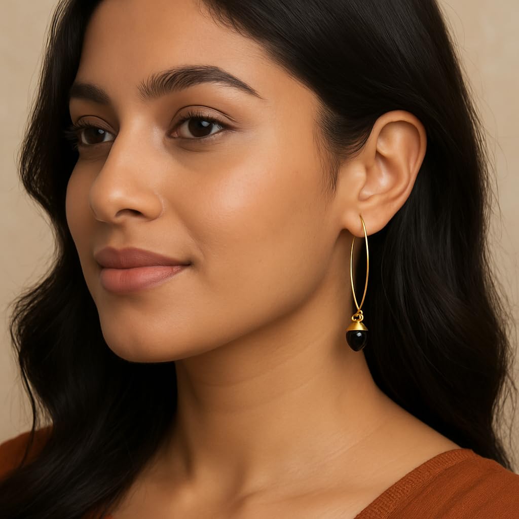 El Regalo Elegant Gold Hook Earrings with Natural Stones - Beautiful Drop Dangle Earrings for Women & Girls | Minimalist Jewelry (Black)